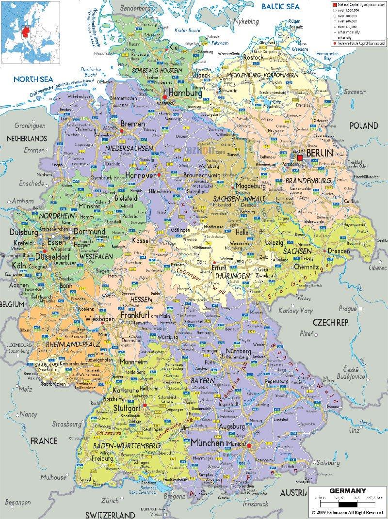 Germany road map Road map of Germany with cities and towns (Western